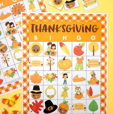 a thanksgiving bingo card with turkey, pumpkin, pilgrim hat and other images
