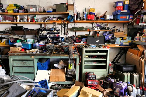 cluttered, messy garage