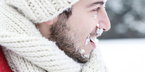 Profile View Of Man Smiling While Looking Away During Winter