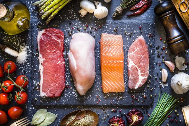 top view of four different types of animal protein like a raw beef steak, a raw chicken breast, a raw salmon fillet and a raw pork steak on a stone tray stone tray is at the center of the image and is surrounded by condiments, spices and vegetables low key dslr photo taken with canon eos 6d mark ii and canon ef 24 105 mm f4l