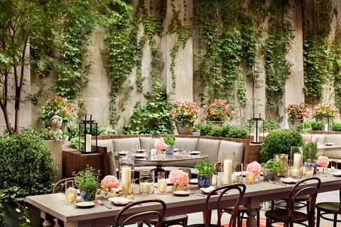 Table, Furniture, Backyard, Wedding reception, Tree, Patio, Rehearsal dinner, Floral design, Garden, Brunch, 
