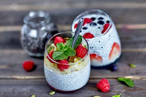 Chia pudding with strawberries, raspberries, pineapple, blueberries and pumpkin