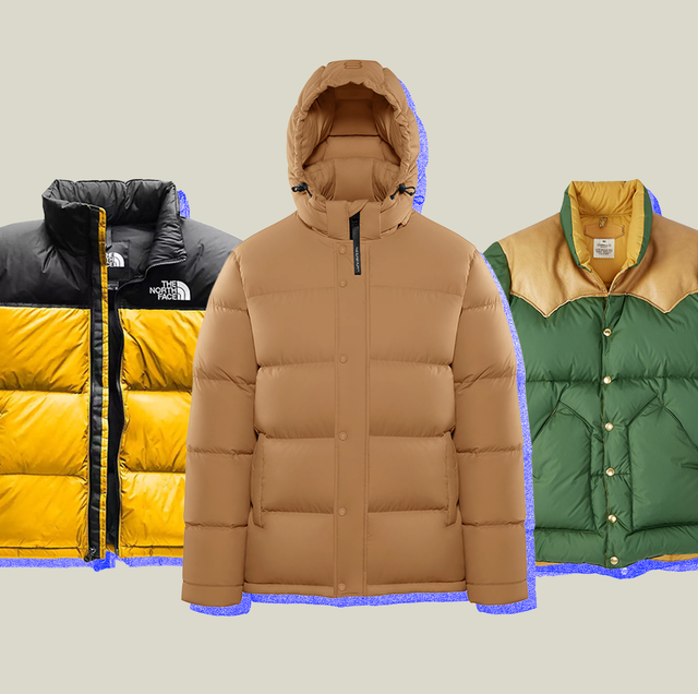 a collage featuring puffer jackets from aritzia, the north face and huckberry