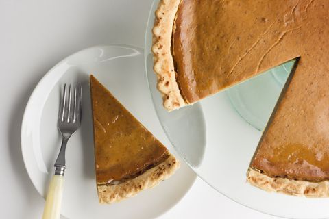 Pumpkin Pie with Sliced Piece on Plate for Thanksgiving Dessert