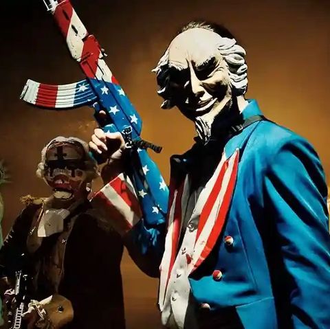 a man in wears an uncle sam suit and mask and holds a gun painted in stars and stripes  in a scene from the purge election year, the third film if you want to watch the purge movies in order