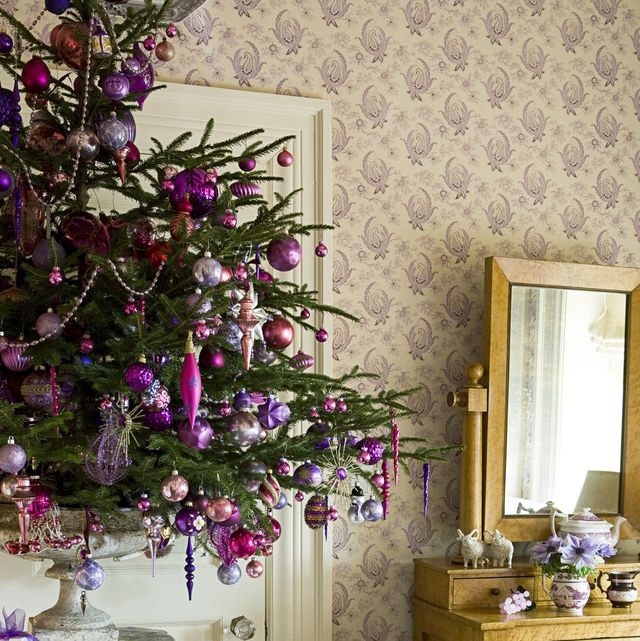 purple christmas decorations in traditional room