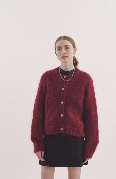 Clothing, Outerwear, Sweater, Wool, Maroon, Red, Woolen, Cardigan, Fashion, Standing, 
