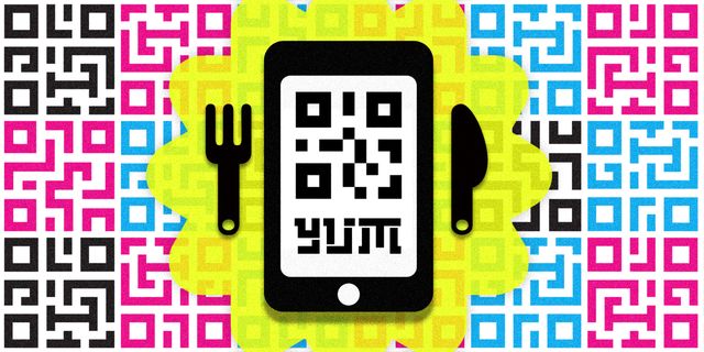 at the center, a qr code on a smartphone with a fork and knife on either side in yellow pink blue and black qr code squares in the background