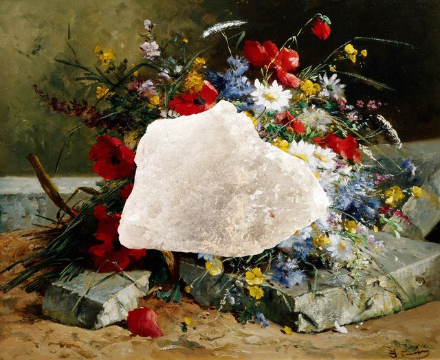 pietra bianca con sfondo un quadro a fiori