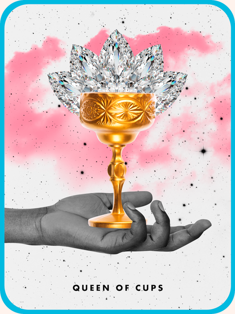 the queen of cups tarot card, showing an outstretched hand holding a goblet of gold