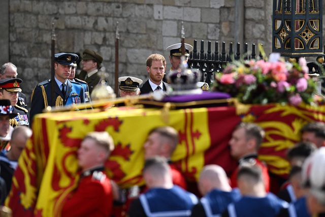 froml britain's prince edward, earl of wessex, britain's prince william, prince of wales, britain's king charles iii and britain's prince harry, duke of sussex follow the coffin of queen elizabeth ii, draped in a royal standard and adorned with the imperial state crown and the sovereign's orb and sceptre from the abbey at the state funeral service for britain's queen elizabeth ii, at westminster abbey in london on september 19, 2022   leaders from around the world will attend the state funeral of queen elizabeth ii the country's longest serving monarch, who died aged 96 after 70 years on the throne, will be honoured with a state funeral on monday morning at westminster abbey photo by oli scarff  afp photo by oli scarffafp via getty images