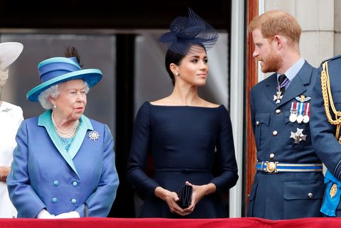 the queen, meghan markle, and prince harry during the centenary of the raf