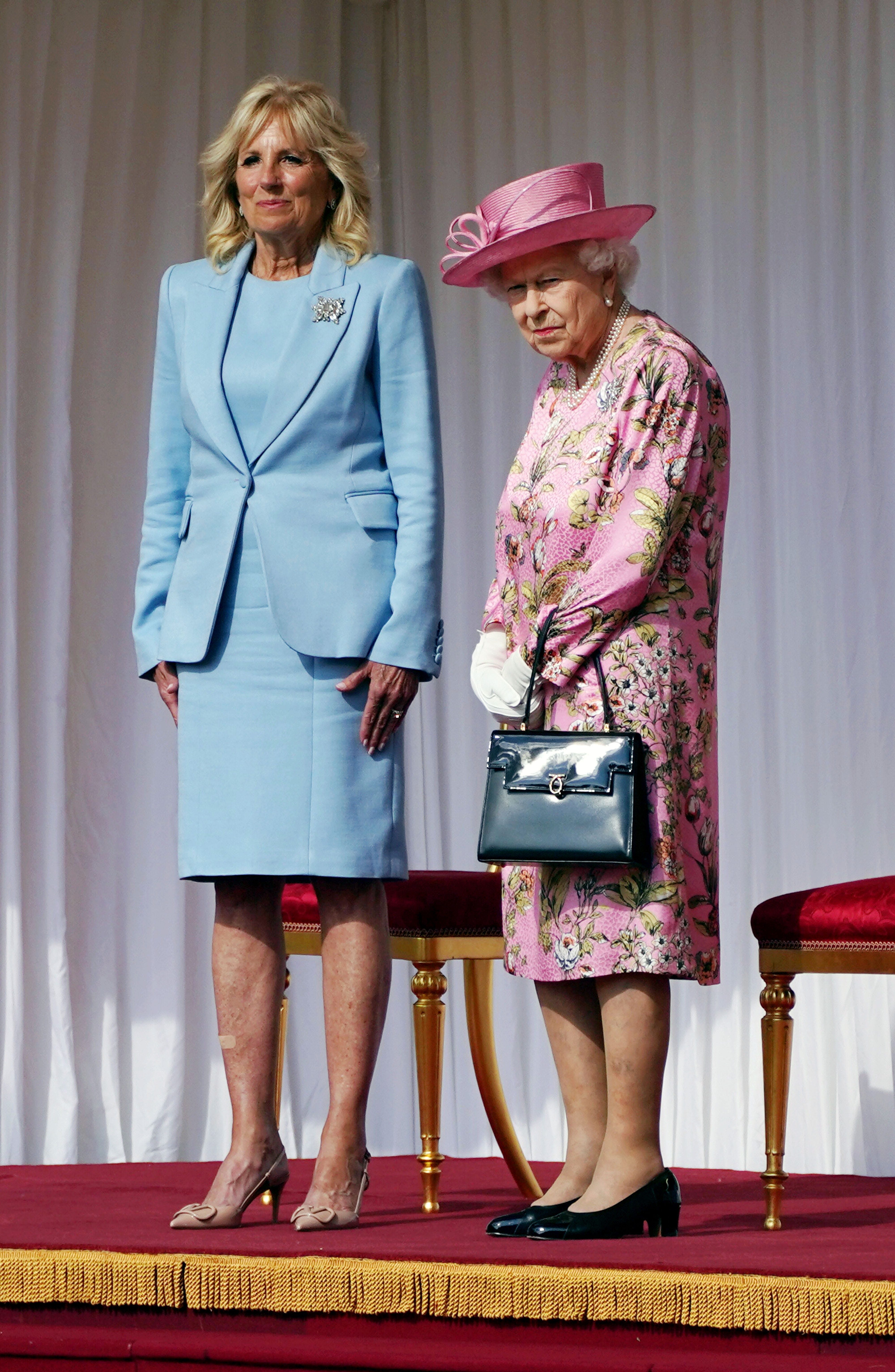 Queen Elizabeth and First Lady Jill Biden Chose Pastel Dresses for Their First Presidential Tea Together