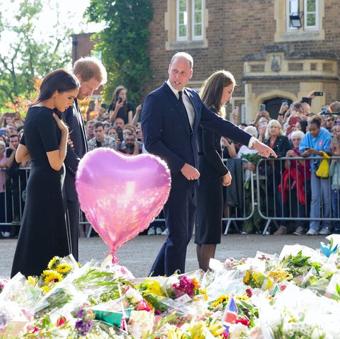 queen floral tributes   the prince and princess of wales is accompanied by the duke and duchess of sussex outside windsor castle