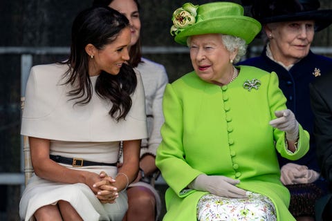 Duchess of Sussex and the Queen smiling - Chester visit