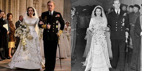 side by side photos of royal outfits that were recreated on the crown