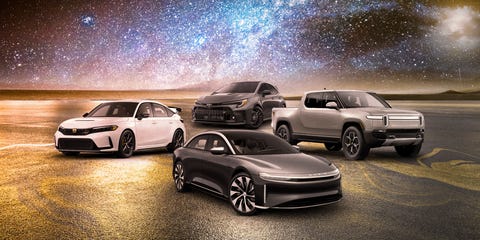 rivian r1t, lucid air, honda civic type r, and toyota gr corolla in a photo collage