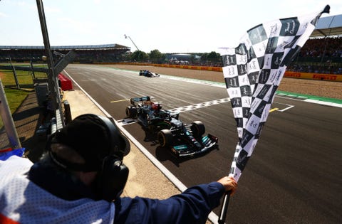 Lewis Hamilton on the finish line at the 2021 British Grand Prix