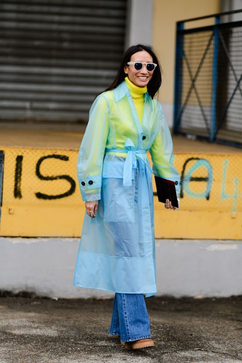 Clothing, Street fashion, Blue, Yellow, Trench coat, Fashion, Turquoise, Coat, Electric blue, Outerwear, 