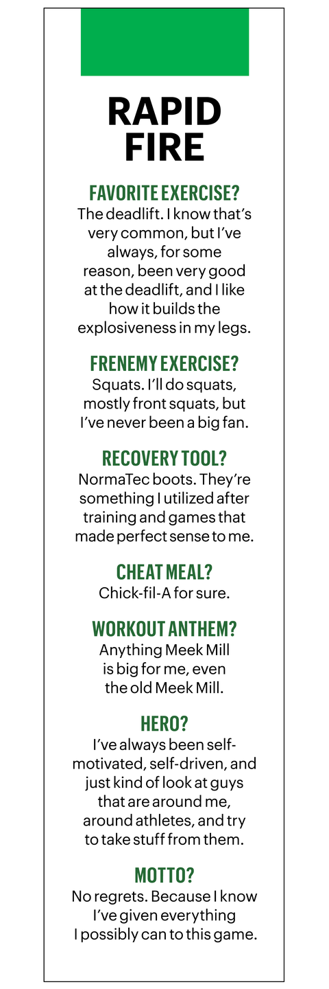 mahomes rapid fire

favorite exercise
the deadlift i know that’s very common, but i’ve always, for some 
reason, been very good 
at the deadlift, and i like 
how it builds the 
explosiveness in my legs

frenemy exercise
squats i’ll do squats, 
mostly front squats, but 
i’ve never been a big fan 

recovery tool 
normatec boots they’re something i utilized after training and games that made perfect sense to me 

cheat meal
chick fil a for sure

workout anthem
anything meek mill 
is big for me, even 
the old meek mill

hero
i’ve always been self 
motivated, self driven, and just kind of look at guys 
that are around me, 
around athletes, and try 
to take stuff from them

motto
no regrets because i know i’ve given everything
 i possibly can to this game