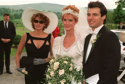 pa news photo 5691  bride rebecca trueman and her husband damon, at their wedding with his mother raquel welch at bolton abbey after the blessing ceremony   photo by john giles   pa imagespa images via getty images