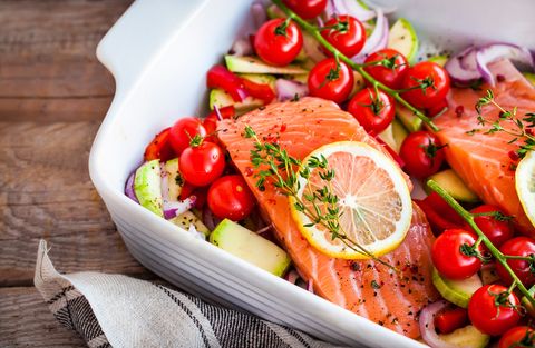 Raw fresh delicious salmon and vegetables