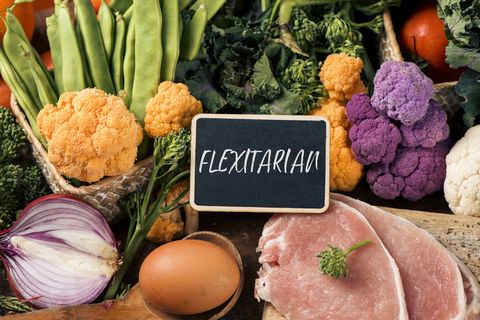 raw vegetables, eggs and meat and text flexitarian