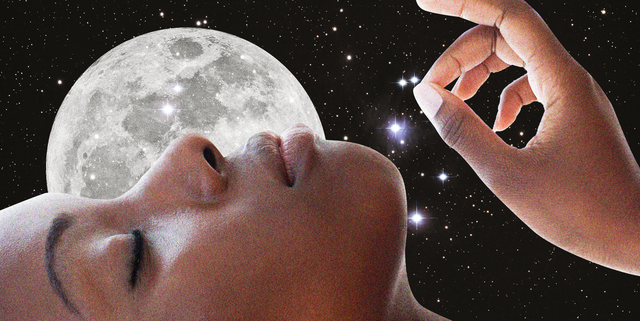 a black woman lies back with her eyes closed, a full moon behind her