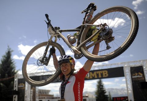 rebecca rusch from ketchum, id celebrates 1st place of womens 2011 leadville trail100 miles mountain bike race on saturday hyoung chang the denver post photo by hyoung changthe denver post via getty images