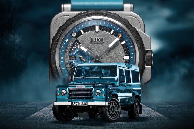 the rnr arkonik watch with a land rover in front
