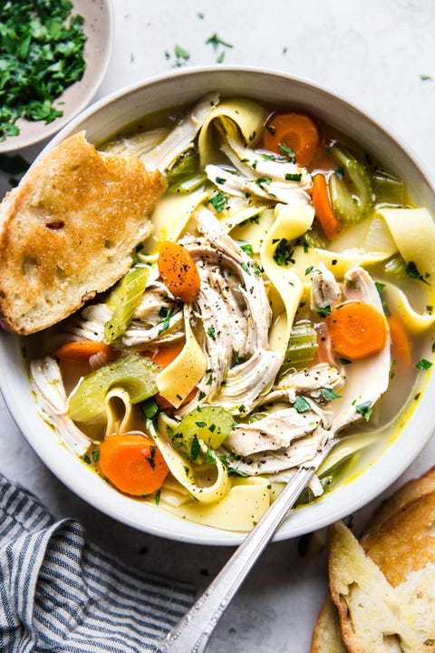 chicken noodle soup with toasted bread