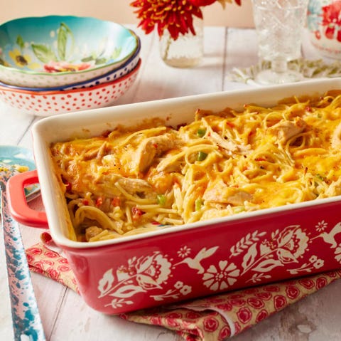 chicken spaghetti in red baking dish