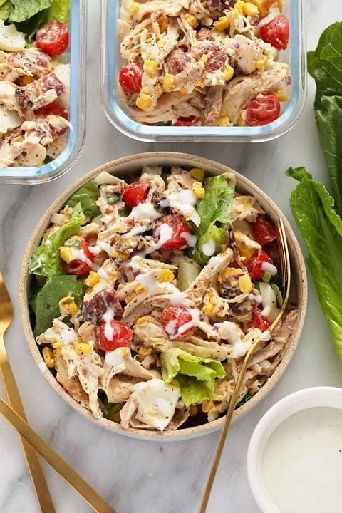 rotisserie chicken cobb salad with gold spoons