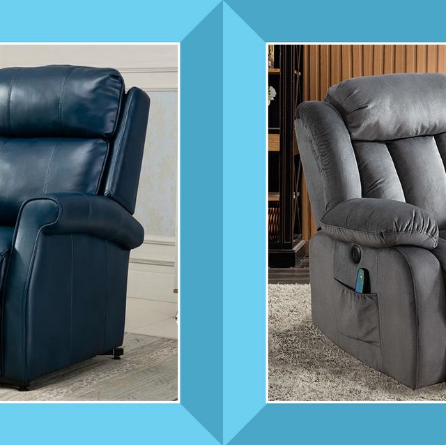 blue leather recliner and grey padded massaging recliner in living rooms