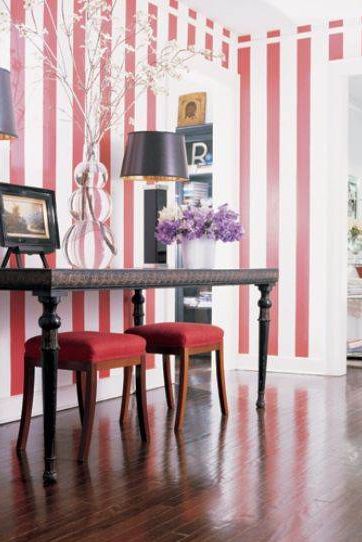 hallway with red and white stripes