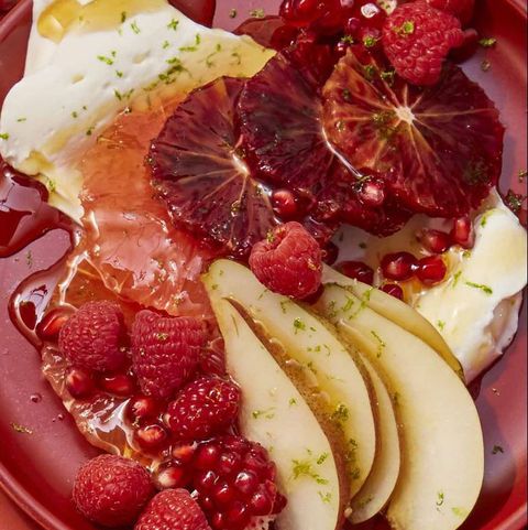 valentines day recipes red citrus salad with berries, pears and pomegranates