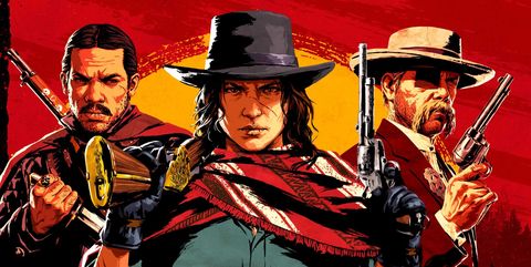 red dead line artwork, with three cowboys in front of a sun