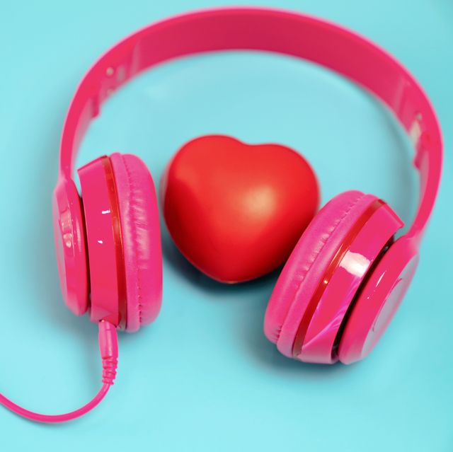 red heart with headphones on blue background