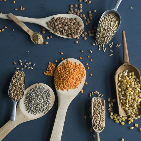 Red lentils, brown lentils, amarant, wheat, spelt wheat and corn on spoons