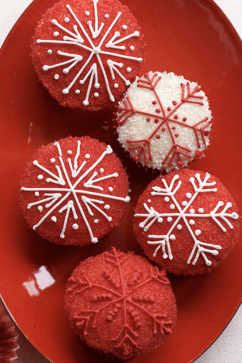 red velvet cupcakes on red platter