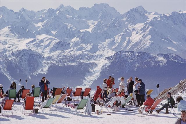 holidaymakers in sun loungers on the slopes at verbier, switzerland, february 1964  photo by slim aaronsgetty images