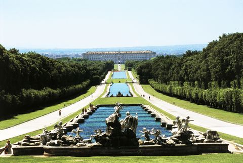 High angle view of fountains in a garden, Fountain of Venus and Adonis, Caserta Palace, Reggia, Caserta, Campania, Italy