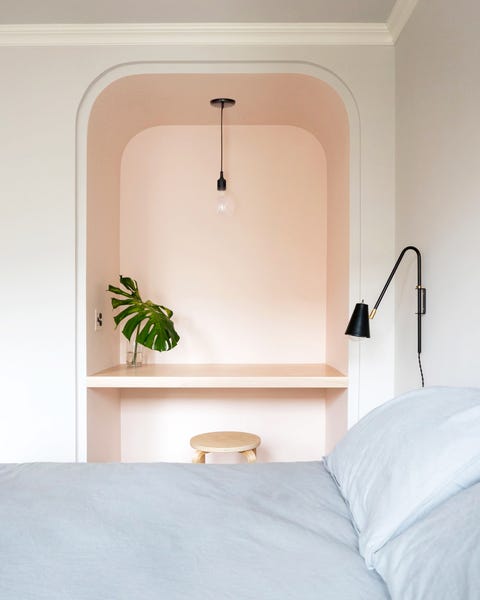 bedroom with small pink workspace bedroom with small pink workspace