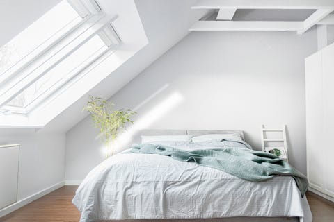 minimalist white bedroom with lots of light