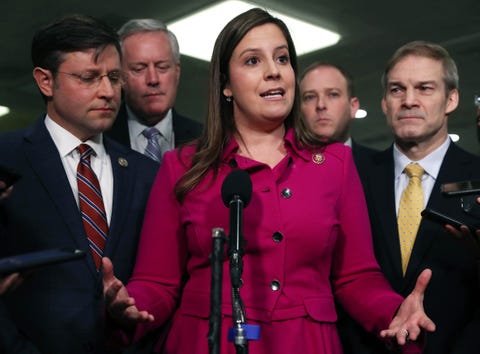 elise stefanik speaks with reporters before president donald trump's impeachment trial resumes at the us capitol in january 2020 in washington, dc