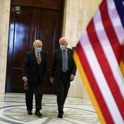 Senate Republicans Hold Media Availability On Capitol Hill washington, dc march 24 us senate minority leader sen mitch mcconnell r ky and sen john cornyn r tx leave after a senate republican luncheon at russell senate office building march 24, 2021 on capitol hill in washington, dc photo by alex wonggetty images