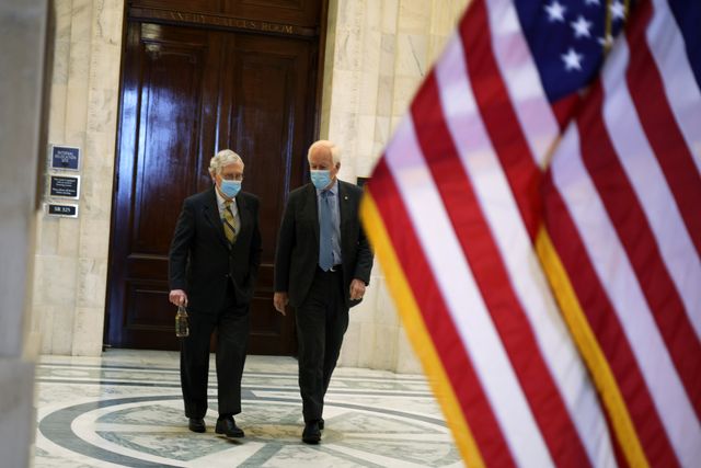 washington, dc   march 24 us senate minority leader sen mitch mcconnell r ky and sen john cornyn r tx leave after a senate republican luncheon at russell senate office building march 24, 2021 on capitol hill in washington, dc  photo by alex wonggetty images