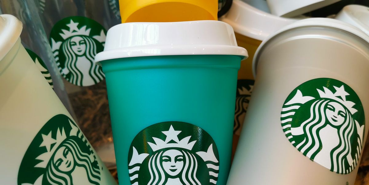 reusabkle starbucks cups are seen in starbucks coffee shop news photo