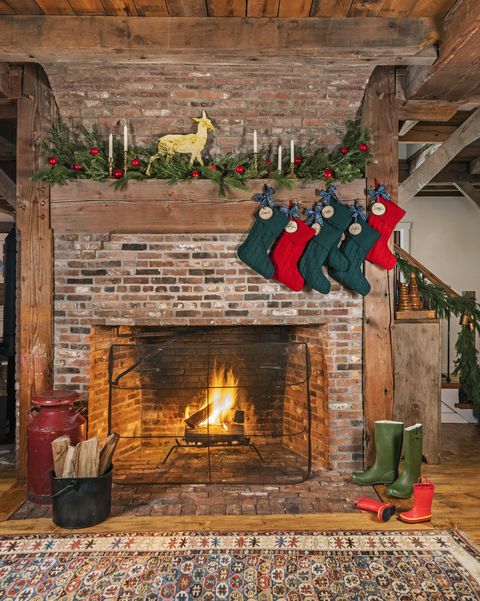 jennifer and nicholas barone’s pascoag, rhode island home, rustic fireplace, christmas mantel