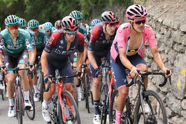 richard carapaz, pink jacket, and the team ineos grenadiers during the giro d'italia stage 15